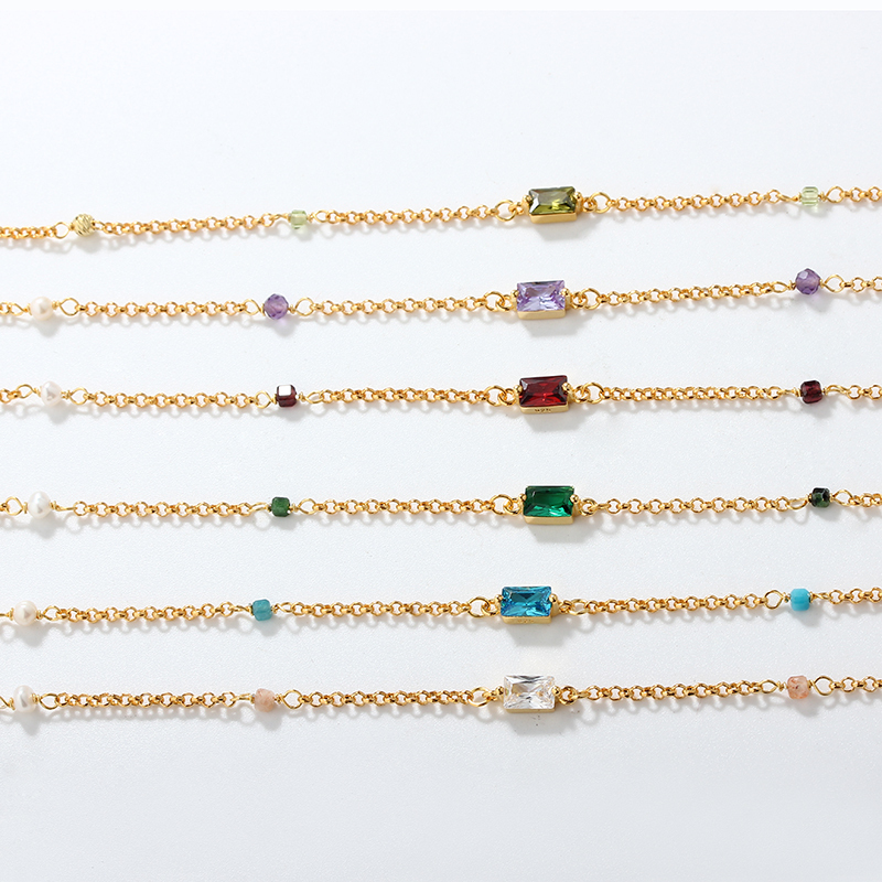925 Sterling Silver Birthstone Necklace with Natural Gemstone & Cubic Zirconia Beads