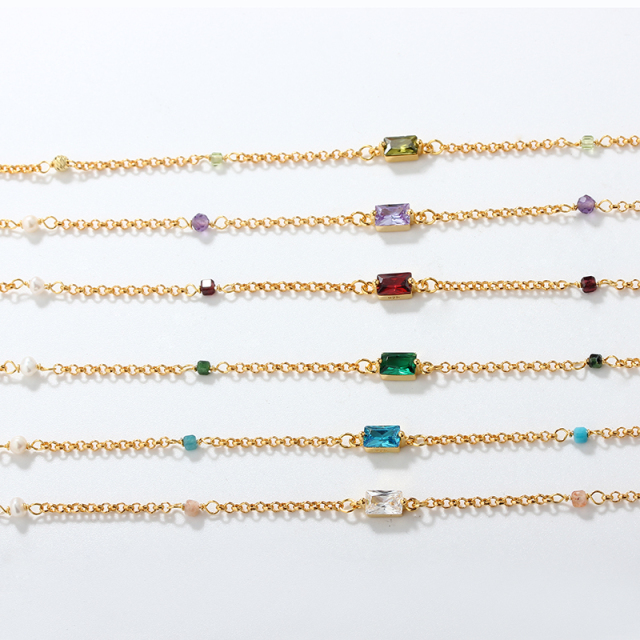 925 Sterling Silver Birthstone Necklace with Natural Gemstone & Cubic Zirconia Beads
