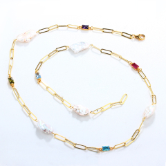 925 Silver Pearl Baroque Pearl & Colorful Gemstone Paperclip Chain Long Necklace