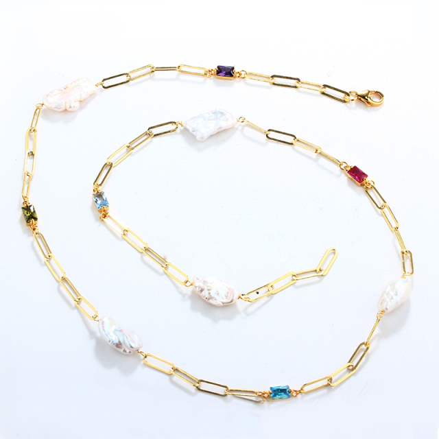925 Silver Pearl Baroque Pearl & Colorful Gemstone Paperclip Chain Long Necklace