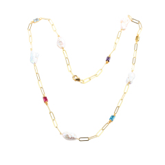 925 Silver Pearl Baroque Pearl & Colorful Gemstone Paperclip Chain Long Necklace