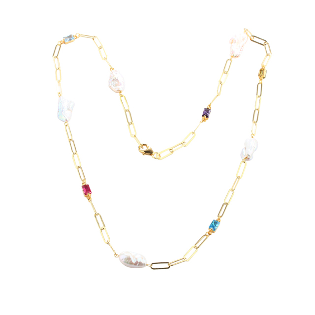925 Silver Pearl Baroque Pearl & Colorful Gemstone Paperclip Chain Long Necklace