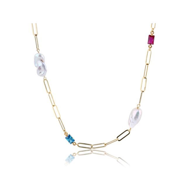 925 Silver Pearl Baroque Pearl & Colorful Gemstone Paperclip Chain Long Necklace