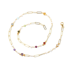 925 Silver Colorful CZ & Pearl Paperclip Chain Long Necklace