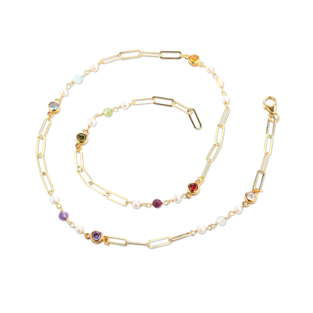 925 Silver Colorful CZ & Pearl Paperclip Chain Long Necklace