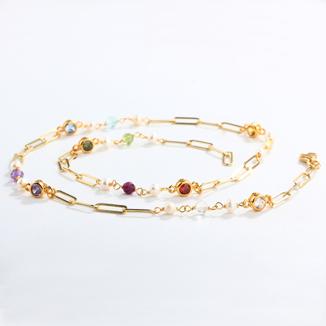 925 Silver Colorful CZ & Pearl Paperclip Chain Long Necklace