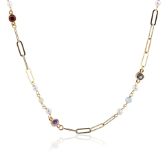 925 Silver Colorful CZ & Pearl Paperclip Chain Long Necklace