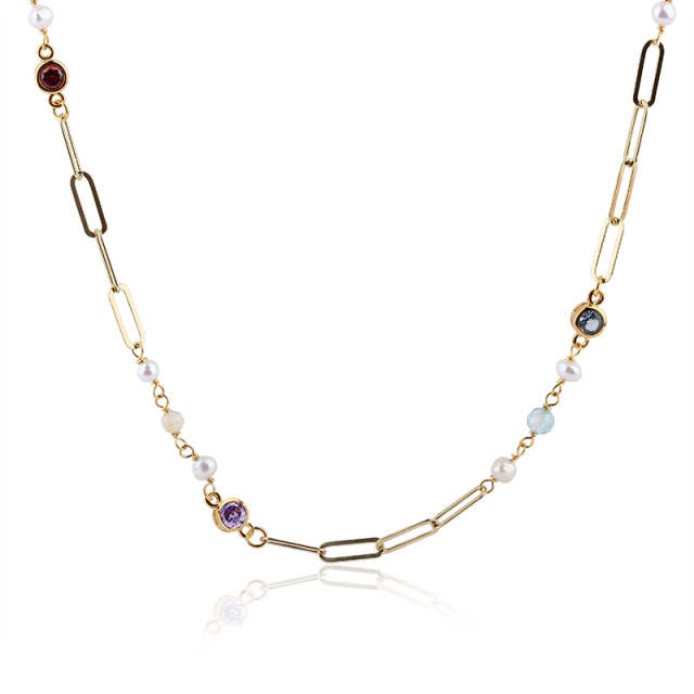 925 Silver Colorful CZ & Pearl Paperclip Chain Long Necklace