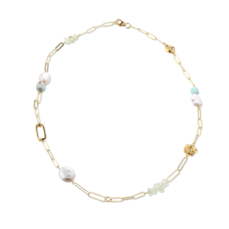 925 Sterling Silver Gemstones & Pearls Paperclip Chain Necklace