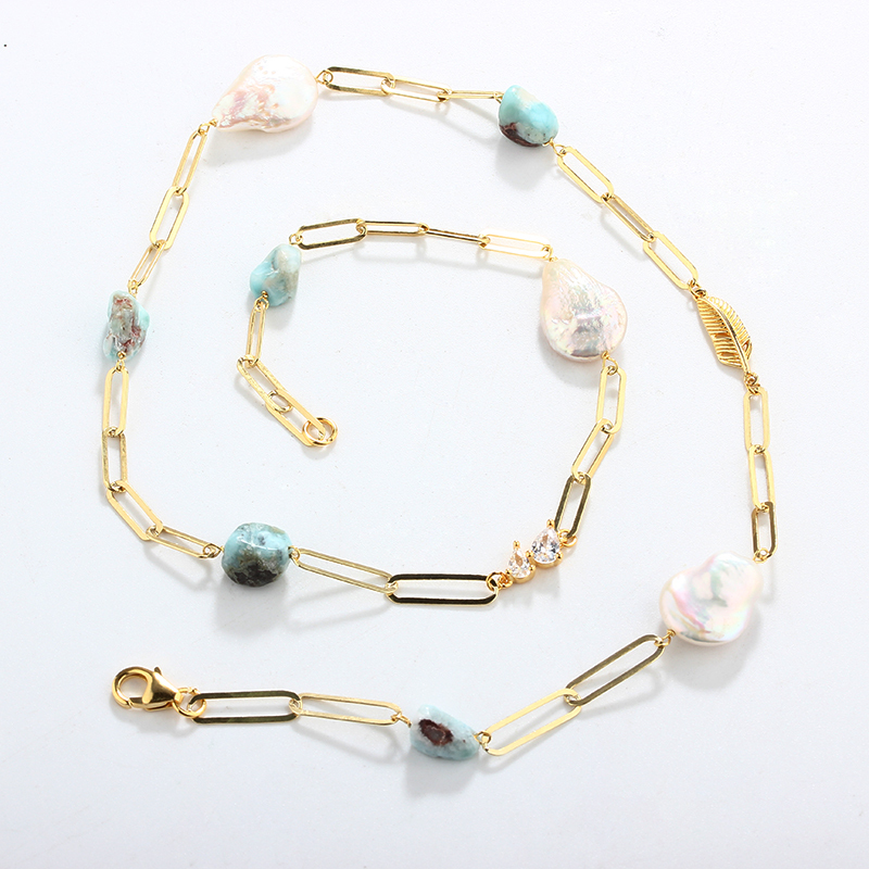 925 Silver Baroque Pearl & Larimar Paperclip Chain Necklace