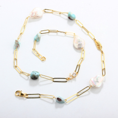 925 Silver Baroque Pearl & Larimar Paperclip Chain Necklace