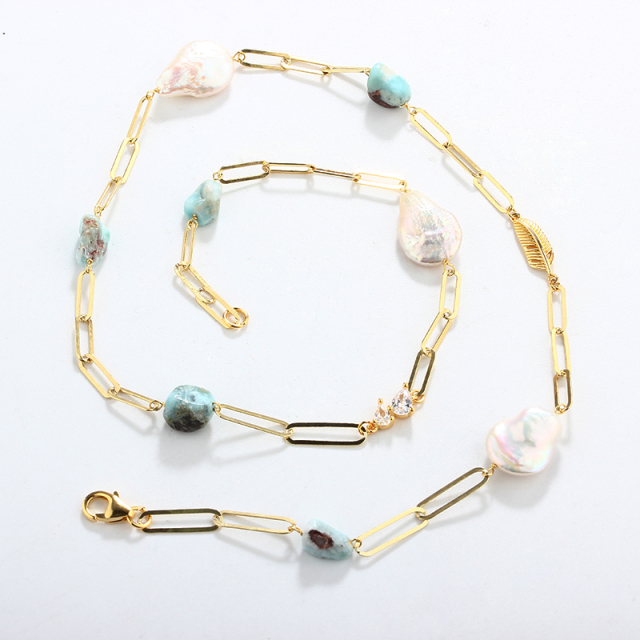 925 Silver Baroque Pearl & Larimar Paperclip Chain Necklace