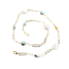 925 Silver Baroque Pearl & Larimar Paperclip Chain Necklace