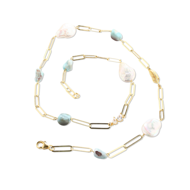 925 Silver Baroque Pearl & Larimar Paperclip Chain Necklace