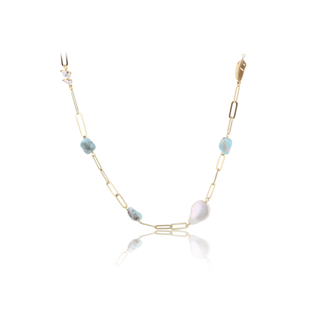 925 Silver Baroque Pearl & Larimar Paperclip Chain Necklace
