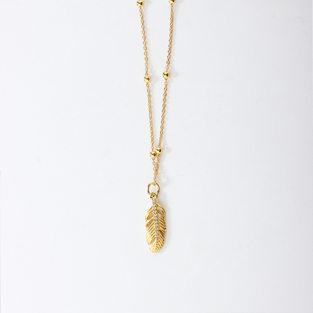 925 Sterling Silver Gold Pavé Crystal Feather Pendant Necklace