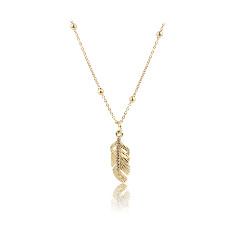 925 Sterling Silver Gold Pavé Crystal Feather Pendant Necklace
