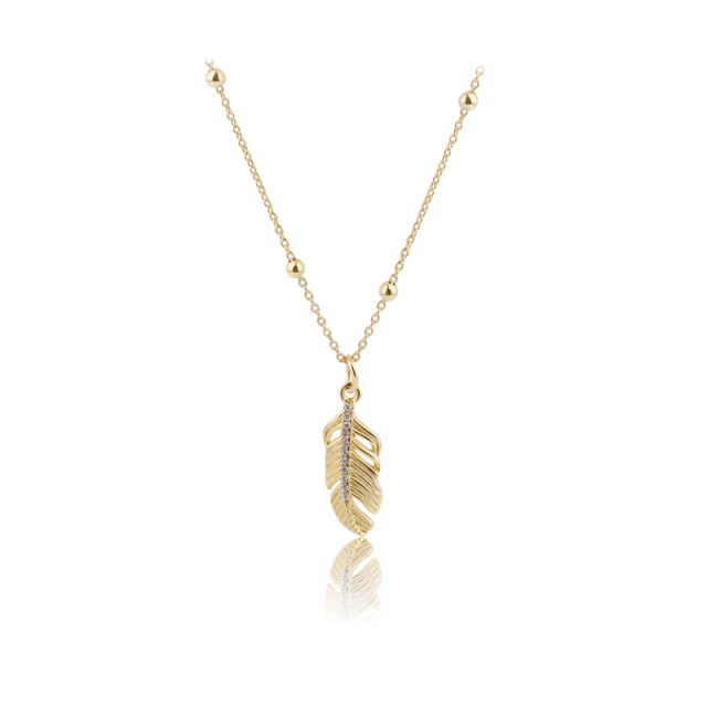 925 Sterling Silver Gold Pavé Crystal Feather Pendant Necklace