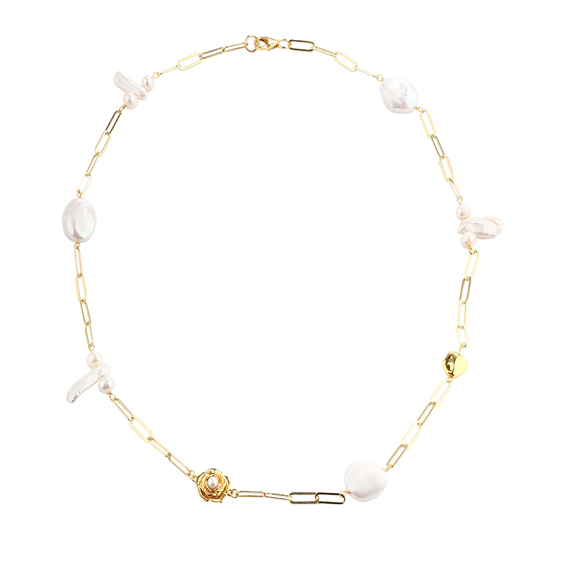 925 Sterling Silver Hammer Link Chain Pearls Necklace
