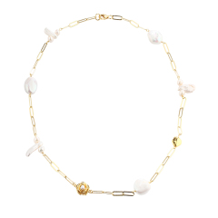 925 Sterling Silver Hammer Link Chain Pearls Necklace