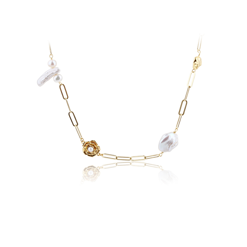 925 Sterling Silver Hammer Link Chain Pearls Necklace