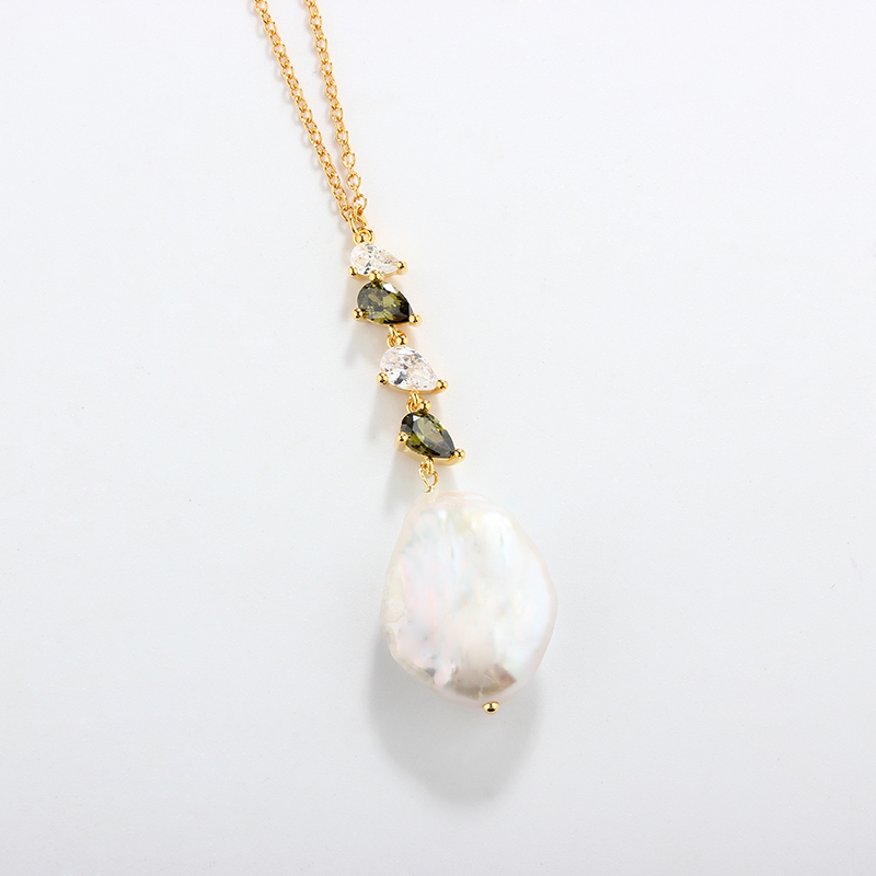 925 Silver Baroque Pearl & Pear CZ Drop Necklace