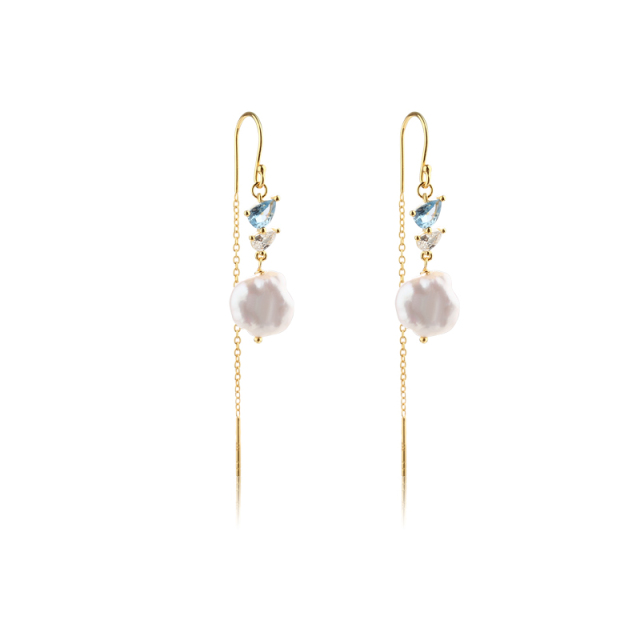925 Sterling Silver Baroque Pearl Pear-Cut CZ Long Drop Earrings