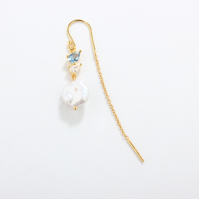 925 Sterling Silver Baroque Pearl Pear-Cut CZ Long Drop Earrings