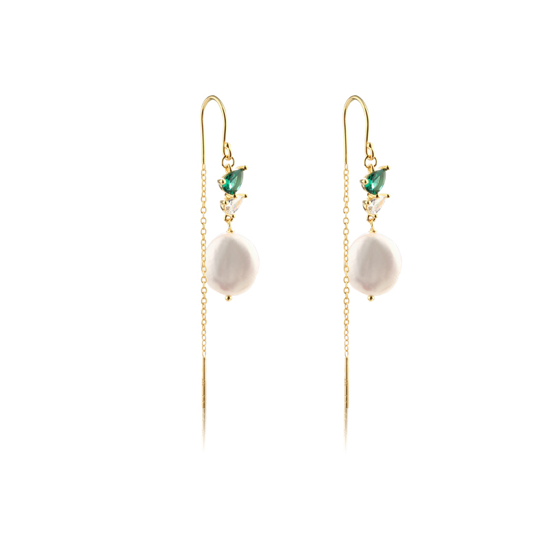 925 Sterling Silver Baroque Pearl Pear-Cut CZ Long Drop Earrings