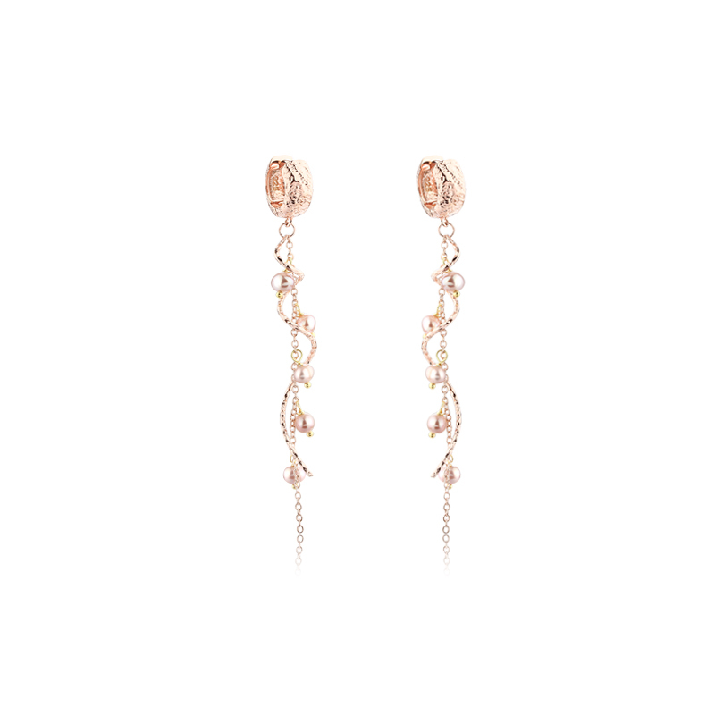925 Sterling Silver Pink Pearl Spiral Tassel Clip Hoop Earrings