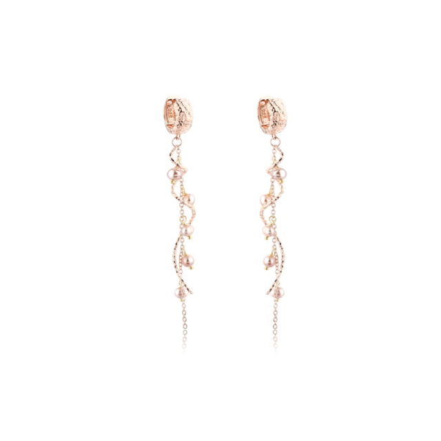 925 Sterling Silver Pink Pearl Spiral Tassel Clip Hoop Earrings