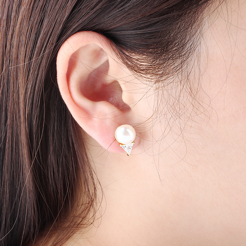925 Sterling Silver Triangle CZ & Button Pearl Stud Earrings