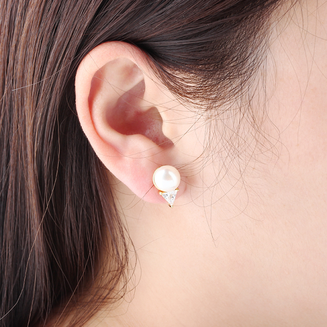 925 Sterling Silver Triangle CZ & Button Pearl Stud Earrings