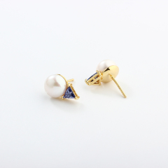 925 Sterling Silver Triangle CZ & Button Pearl Stud Earrings