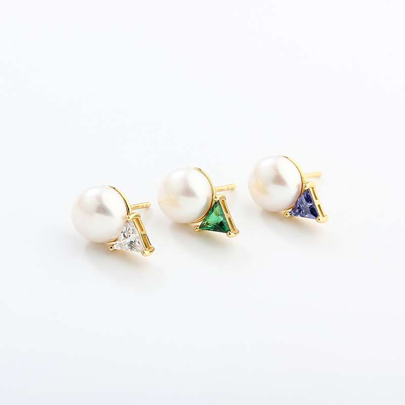 925 Sterling Silver Triangle CZ & Button Pearl Stud Earrings