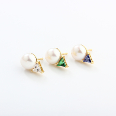 925 Sterling Silver Triangle CZ & Button Pearl Stud Earrings