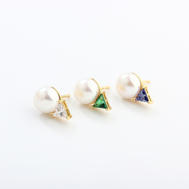 925 Sterling Silver Triangle CZ & Button Pearl Stud Earrings