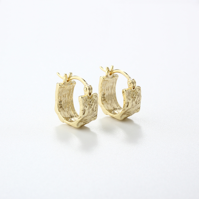925 Sterling Silver Chunky Bark Texture Geometric Hoop Earrings