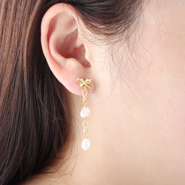 925 Sterling Silver Bow Baroque Pearl Earrings Studs