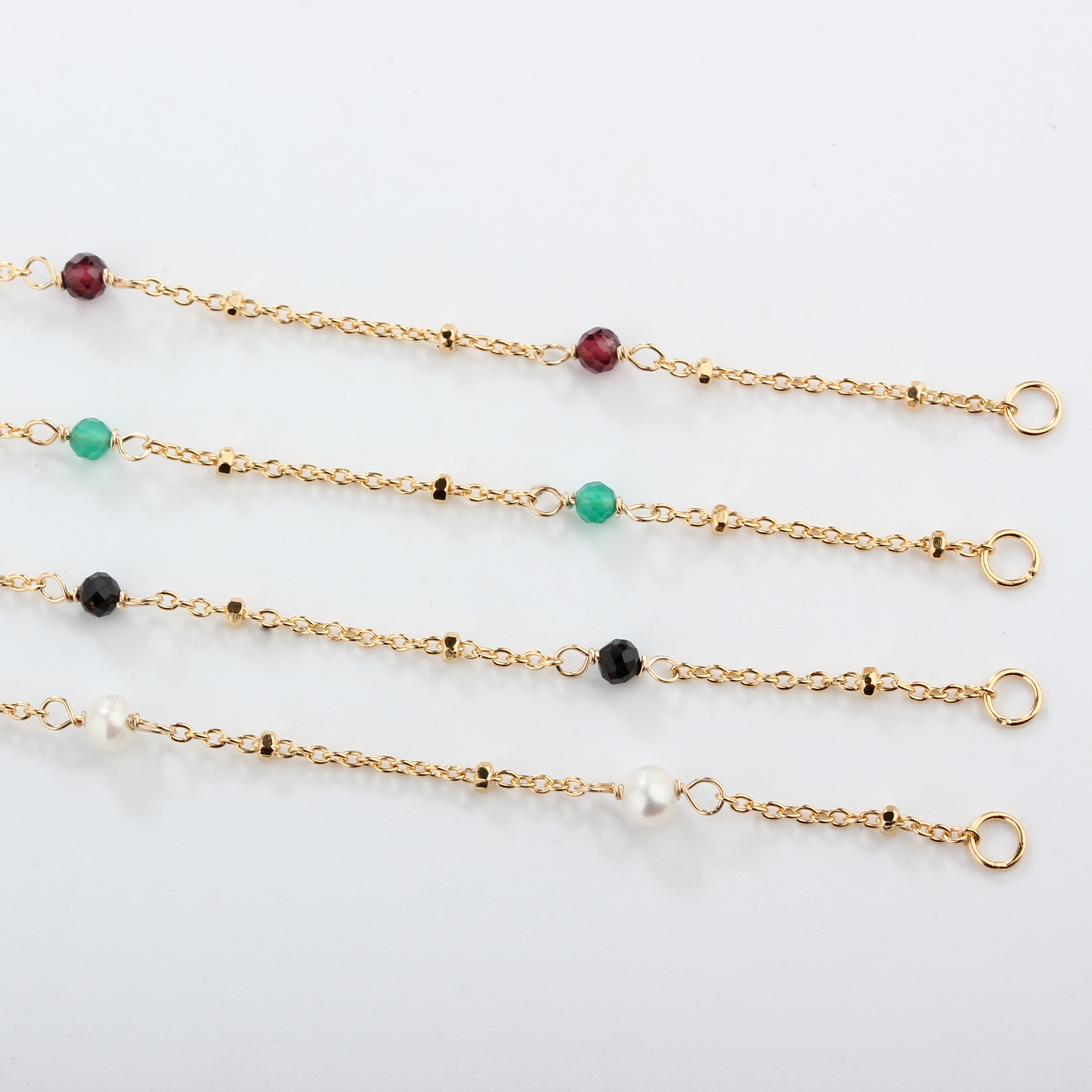 925 Sterling Silver Gold Chain Necklace with Spaced Gemstone/ Pearl Beads, 50cm