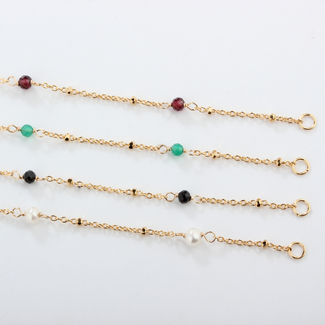 925 Sterling Silver Gold Chain Necklace with Spaced Gemstone/ Pearl Beads, 50cm