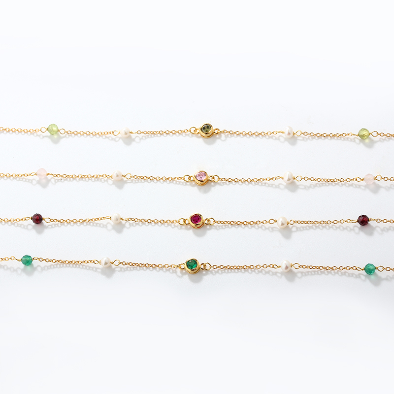 925 Sterling Silver Custom Birthstone Necklace with Natural Gemstone & Pearls