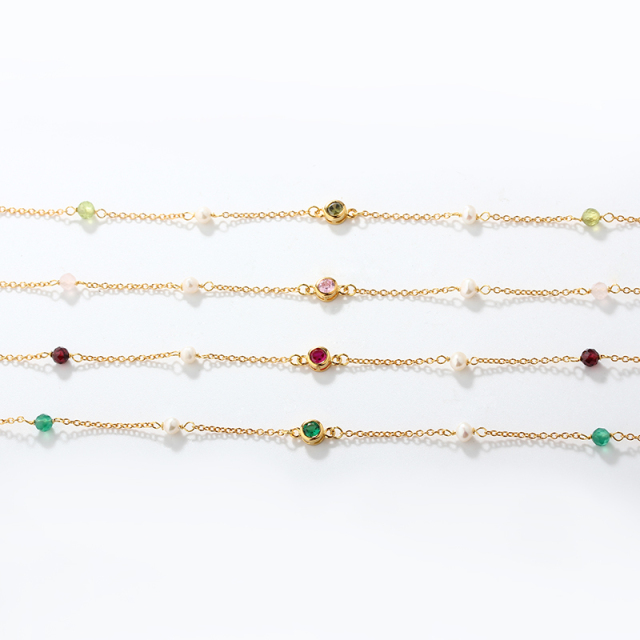 925 Sterling Silver Custom Birthstone Necklace with Natural Gemstone & Pearls