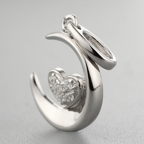 925 Sterling Silver Moon & Heart Paved CZ Pendant