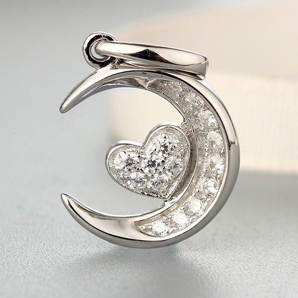 925 Sterling Silver Full Paved Moon & Heart CZ Pendant