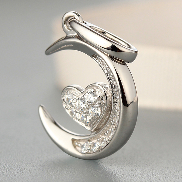 925 Sterling Silver Full Paved Moon & Heart CZ Pendant