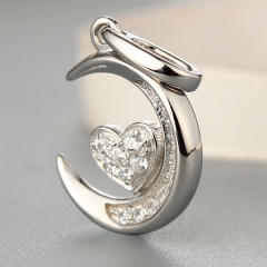 925 Sterling Silver Full Paved Moon & Heart CZ Pendant