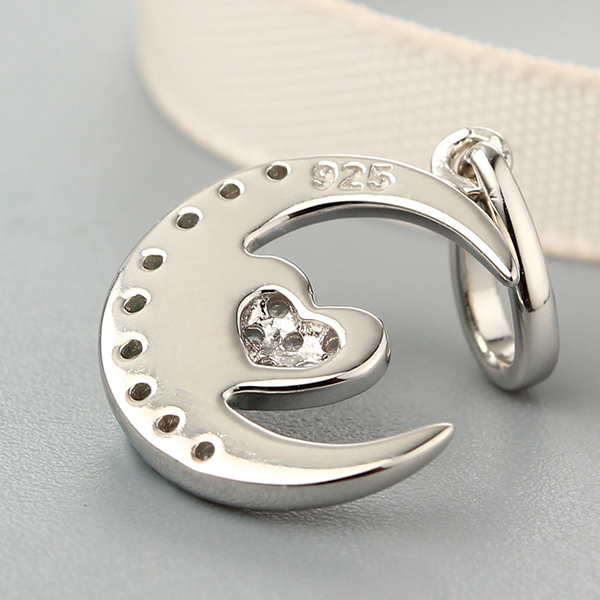 925 Sterling Silver Full Paved Moon & Heart CZ Pendant