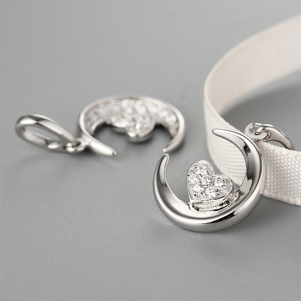 925 Sterling Silver Full Paved Moon & Heart CZ Pendant