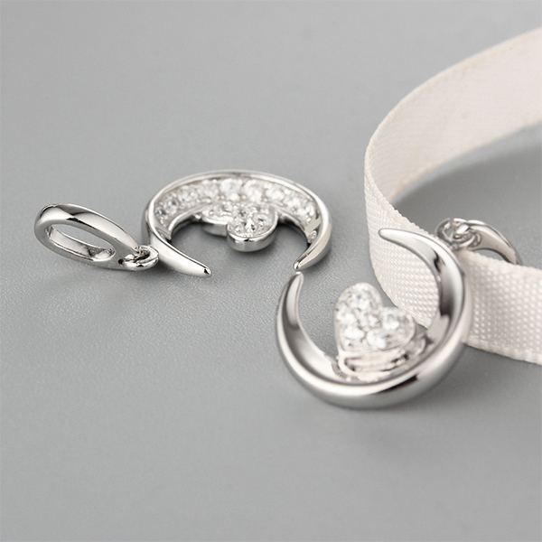 925 Sterling Silver Full Paved Moon & Heart CZ Pendant